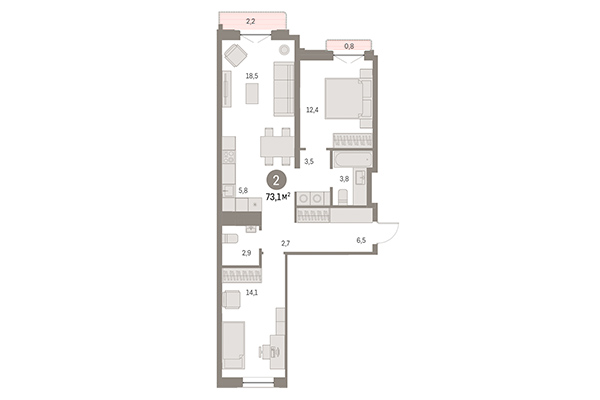2-комнатная квартира 73,10 м&sup2; в Европейский берег. Планировка