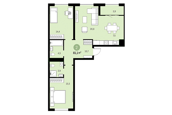 2-комнатная квартира 81,10 м&sup2; в Европейский берег. Планировка