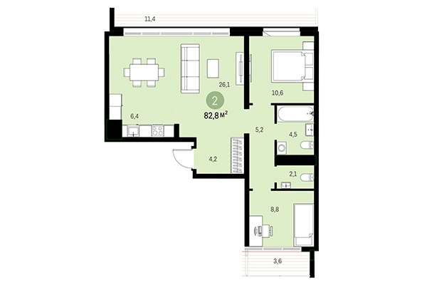 2-комнатная квартира 82,80 м&sup2; в Европейский берег. Планировка