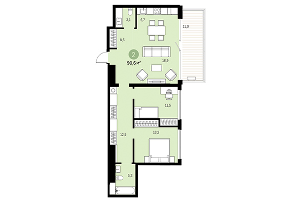 2-комнатная квартира 90,60 м&sup2; в Европейский берег. Планировка