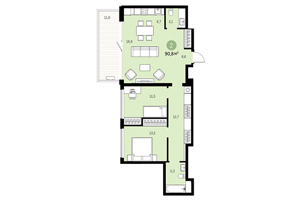 2-комнатная квартира 90,80 м&sup2; в Европейский берег. Планировка