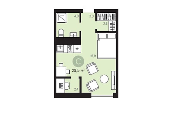 Студия 28,50 м&sup2; в Квартал Лебедевский. Планировка