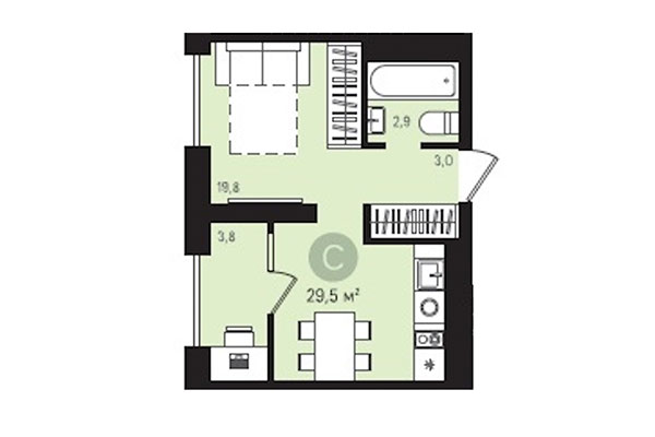 Студия 29,50 м&sup2; в Квартал Лебедевский. Планировка