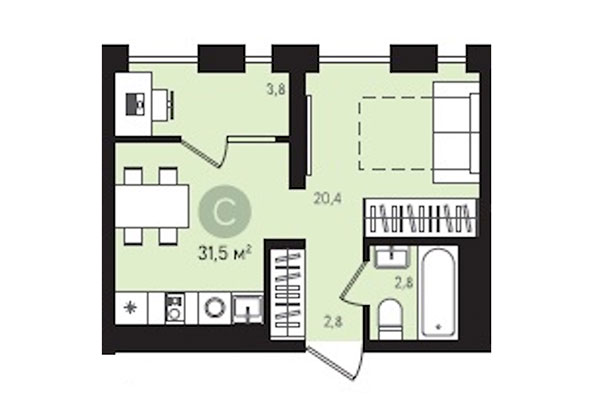 Студия 31,50 м&sup2; в Квартал Лебедевский. Планировка