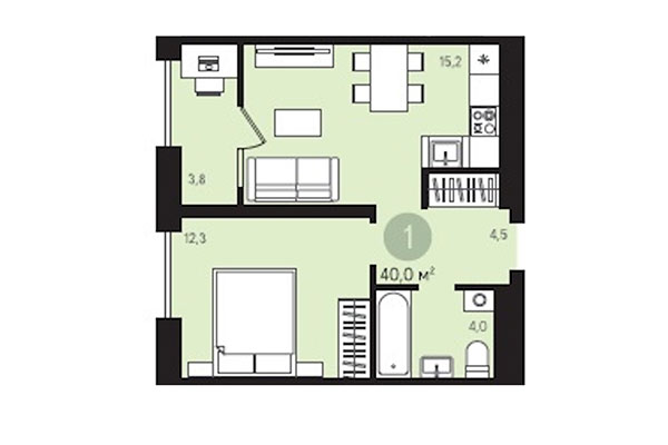 1-комнатная квартира 40,00 м&sup2; в Квартал Лебедевский. Планировка