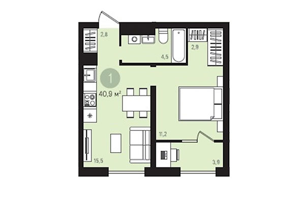 1-комнатная квартира 40,90 м&sup2; в Квартал Лебедевский. Планировка