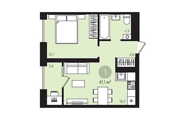 1-комнатная квартира 41,10 м&sup2; в Квартал Лебедевский. Планировка