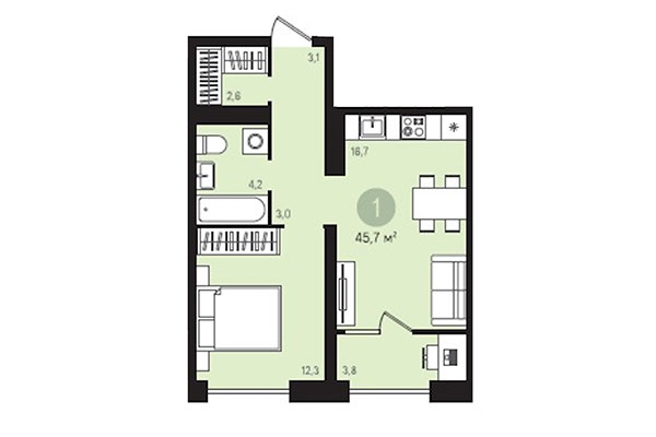1-комнатная квартира 45,70 м&sup2; в Квартал Лебедевский. Планировка