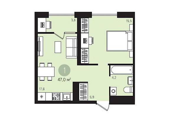 1-комнатная квартира 47,02 м&sup2; в Квартал Лебедевский. Планировка