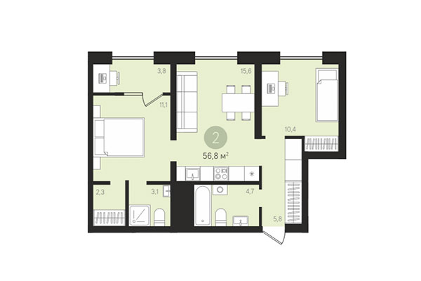 2-комнатная квартира 56,80 м&sup2; в Квартал Лебедевский. Планировка