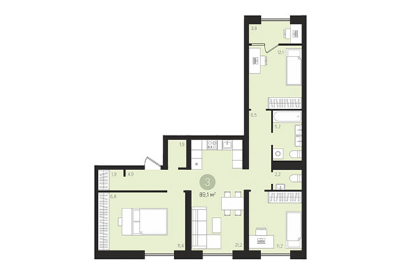 3-комнатная квартира 89,10 м&sup2; в Квартал Лебедевский. Планировка