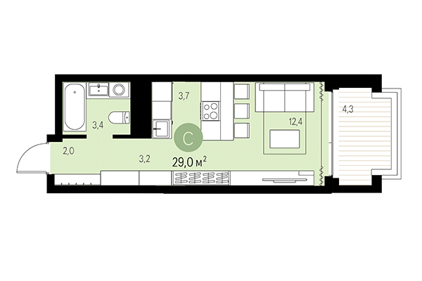 Студия 29,01 м&sup2; в Квартал Мылзавод. Планировка
