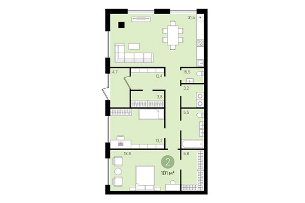 2-комнатная квартира 101,00 м&sup2; в Квартал Никитина. Планировка
