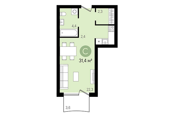Студия 31,40 м&sup2; в Квартал Никитина. Планировка