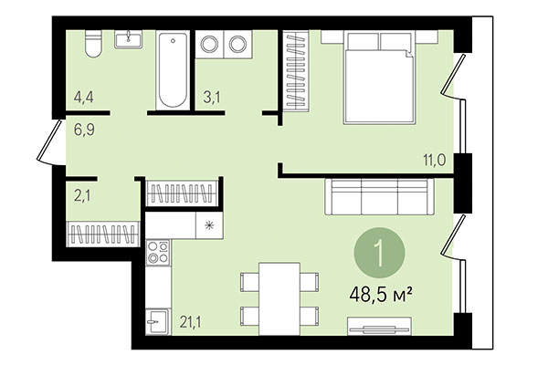 1-комнатная квартира 48,50 м&sup2; в Квартал Никитина. Планировка