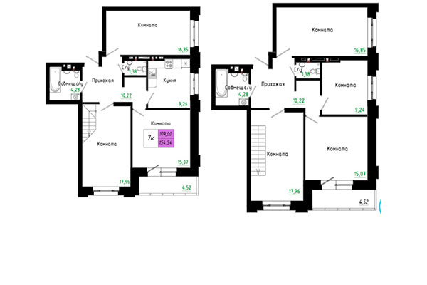 7-комнатная квартира 154,54 м&sup2; в ЖК Черёмушки на Первомайке. Планировка