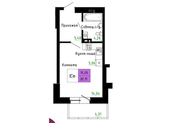 Студия 30,15 м&sup2; в ЖК Черёмушки на Первомайке. Планировка