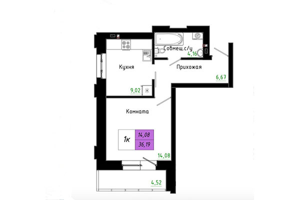 1-комнатная квартира 36,19 м&sup2; в ЖК Черёмушки на Первомайке. Планировка