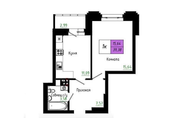 1-комнатная квартира 39,38 м&sup2; в ЖК Черёмушки на Первомайке. Планировка