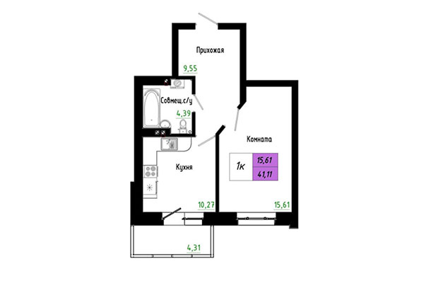 1-комнатная квартира 41,11 м&sup2; в ЖК Черёмушки на Первомайке. Планировка