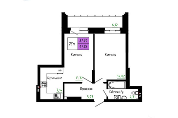2-комнатная квартира 47,82 м&sup2; в ЖК Черёмушки на Первомайке. Планировка