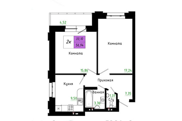 2-комнатная квартира 56,94 м&sup2; в ЖК Черёмушки на Первомайке. Планировка