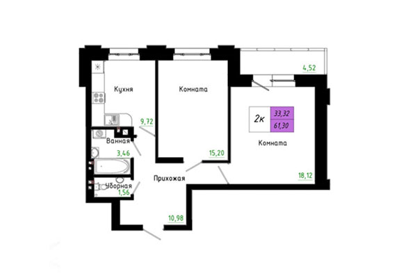 2-комнатная квартира 61,30 м&sup2; в ЖК Черёмушки на Первомайке. Планировка