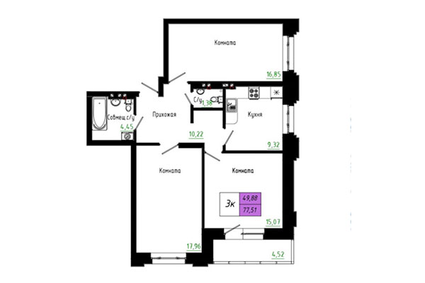 3-комнатная квартира 77,51 м&sup2; в ЖК Черёмушки на Первомайке. Планировка