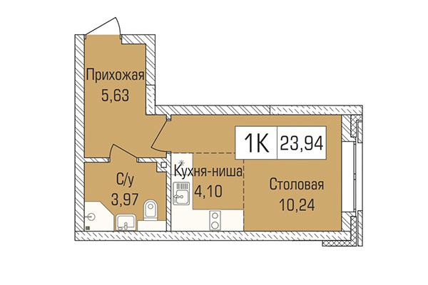 Студия 23,94 м&sup2; в ЖК Цивилизация. Планировка