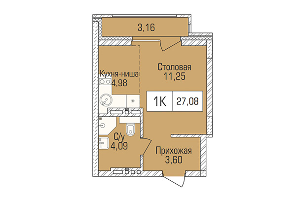 Студия 27,08 м&sup2; в ЖК Цивилизация. Планировка