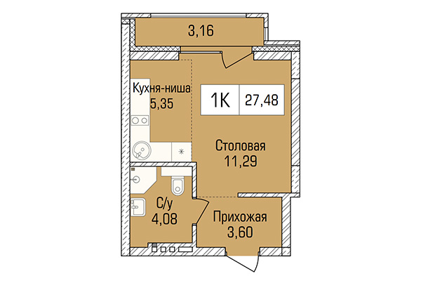 Студия 27,48 м&sup2; в ЖК Цивилизация. Планировка