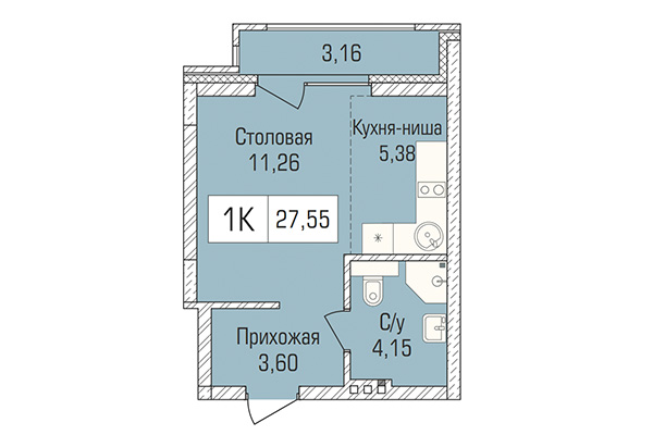Студия 27,56 м&sup2; в ЖК Цивилизация. Планировка