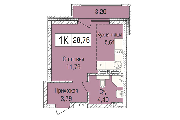Студия 28,76 м&sup2; в ЖК Цивилизация. Планировка