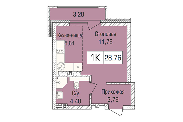 Студия 28,77 м&sup2; в ЖК Цивилизация. Планировка