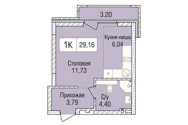 Студия 29,16 м&sup2; в ЖК Цивилизация. Планировка
