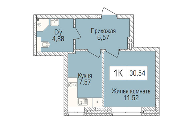 1-комнатная квартира 30,54 м&sup2; в ЖК Цивилизация. Планировка