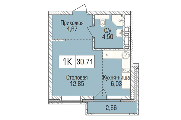 Студия 30,72 м&sup2; в ЖК Цивилизация. Планировка