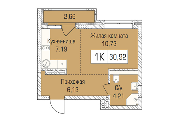 Студия 30,92 м&sup2; в ЖК Цивилизация. Планировка