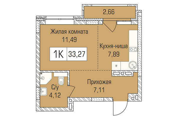 Студия 33,27 м&sup2; в ЖК Цивилизация. Планировка