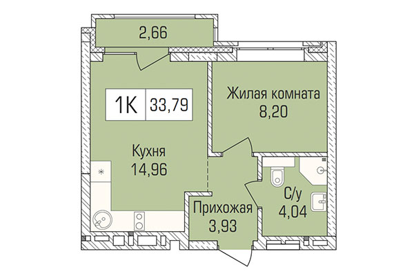 1-комнатная квартира 33,78 м&sup2; в ЖК Цивилизация. Планировка