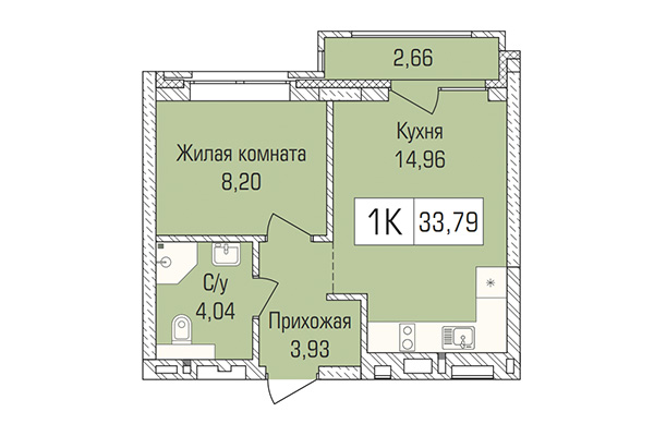 1-комнатная квартира 33,79 м&sup2; в ЖК Цивилизация. Планировка