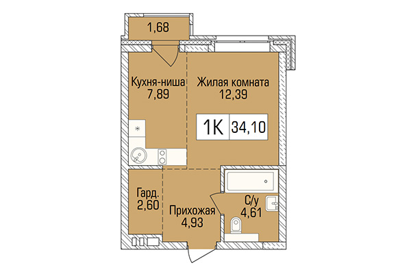 Студия 34,10 м&sup2; в ЖК Цивилизация. Планировка