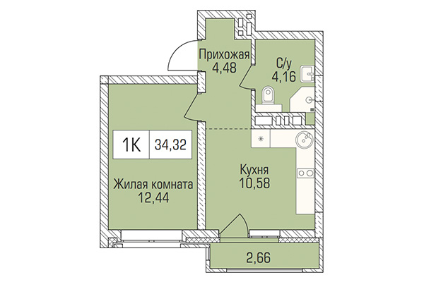 1-комнатная квартира 34,32 м&sup2; в ЖК Цивилизация. Планировка