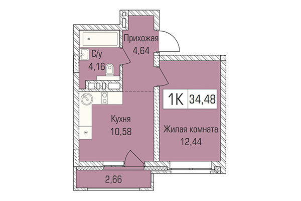 1-комнатная квартира 34,48 м&sup2; в ЖК Цивилизация. Планировка