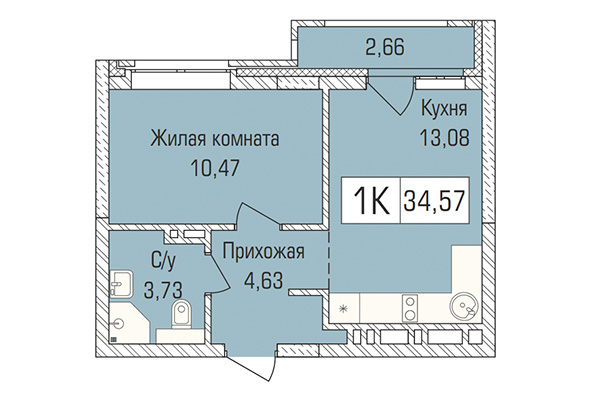 1-комнатная квартира 34,57 м&sup2; в ЖК Цивилизация. Планировка