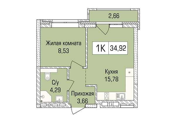 1-комнатная квартира 34,92 м&sup2; в ЖК Цивилизация. Планировка