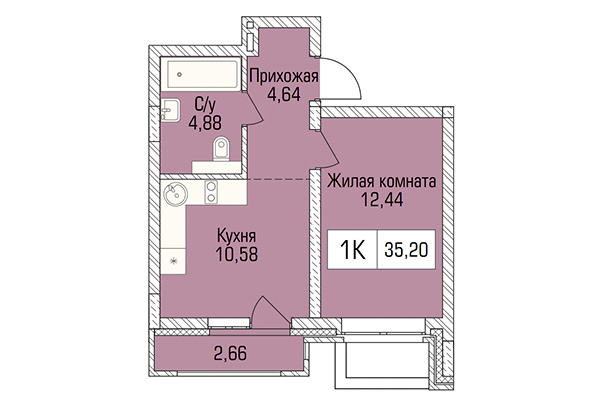 1-комнатная квартира 35,20 м&sup2; в ЖК Цивилизация. Планировка