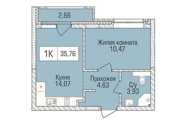 1-комнатная квартира 35,76 м&sup2; в ЖК Цивилизация. Планировка