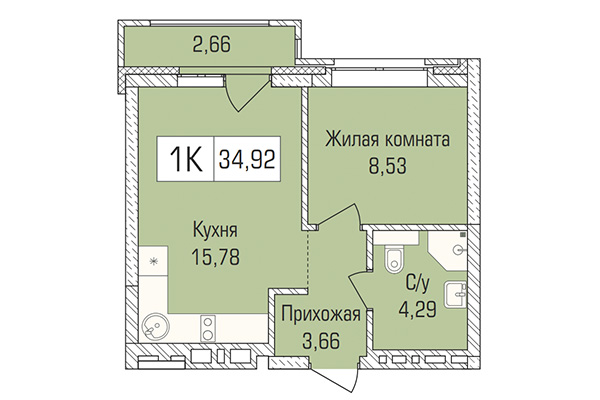 1-комнатная квартира 35,92 м&sup2; в ЖК Цивилизация. Планировка