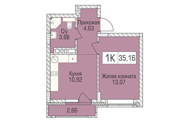 1-комнатная квартира 36,17 м&sup2; в ЖК Цивилизация. Планировка